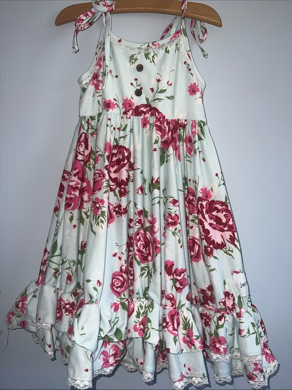 Girls Floral Tie-Shoulder Dress in Mint with Pink Roses